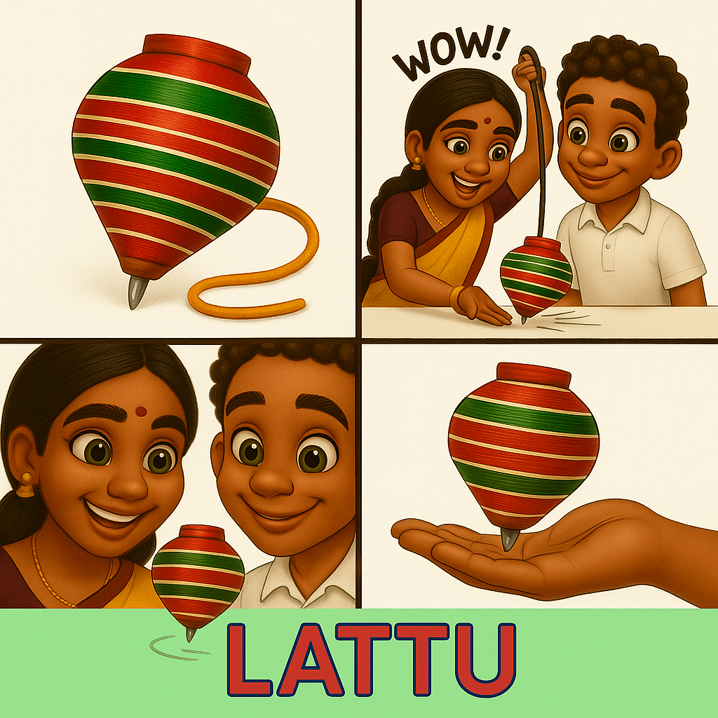 eBook page – Gita and Alex playing with Indian spinning top Lattu – My Cousin Kate vocabulary eBook