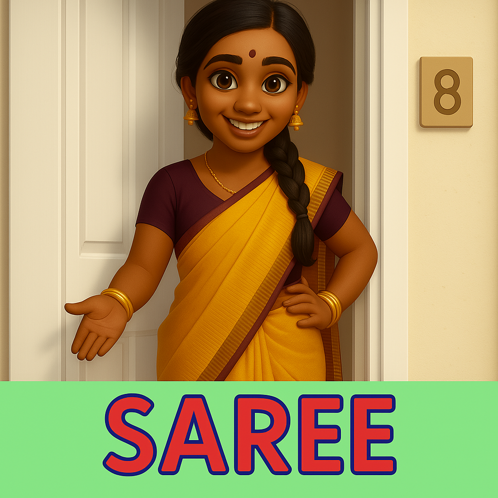 eBook image – Gita in yellow saree greeting Alex – My Cousin Kate India digital storybook for children