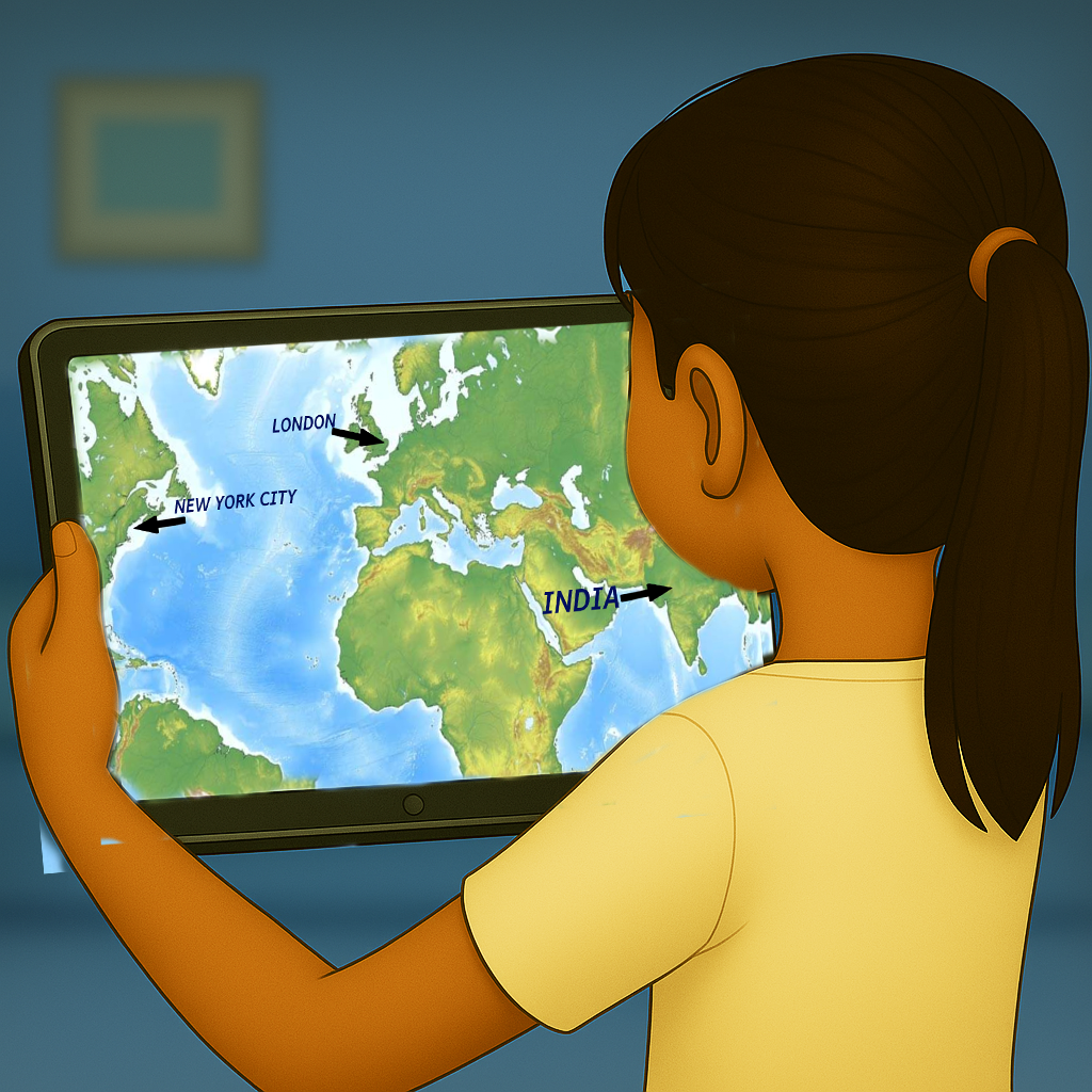 Kate looking at a world map on her iPad showing India, London, and New York – My Cousin Kate geography learning page