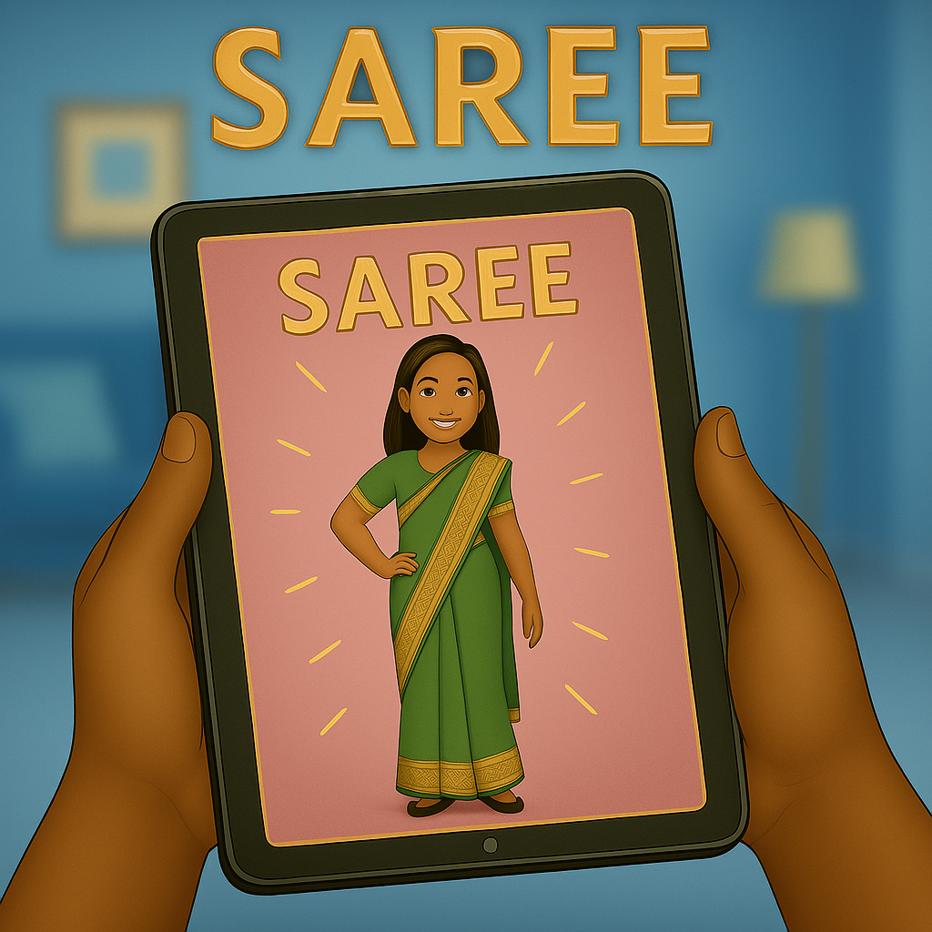 Hands holding iPad showing girl in green saree – Indian clothing vocabulary – My Cousin Kate cultural book for kids