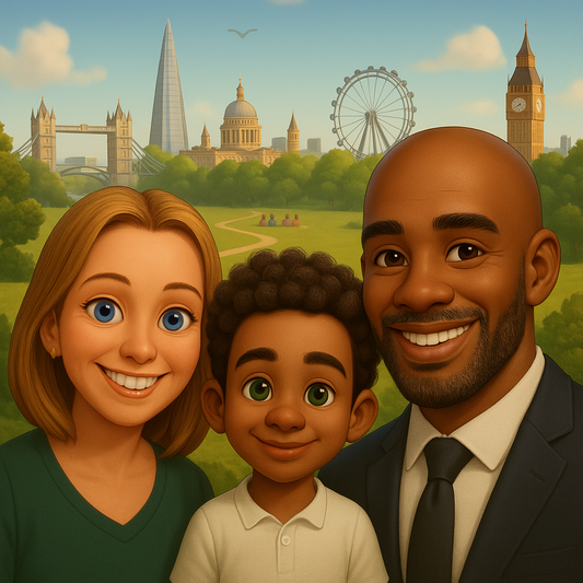 Alex with Mandi and Errol in London park – My Cousin Kate book scene – family values for ages 4–8