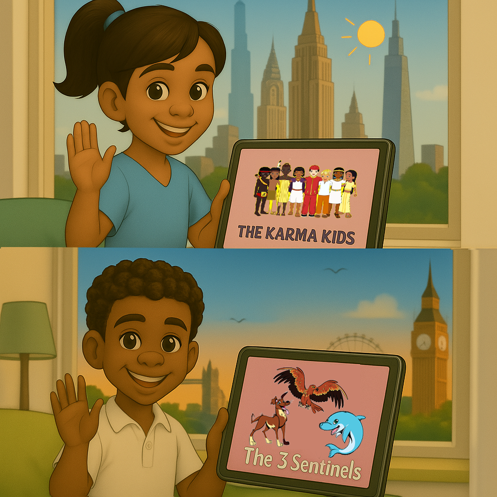 Alex and Kate waving with iPads showing The Karma Kids and The 3 Sentinels – My Cousin Kate series finale scene