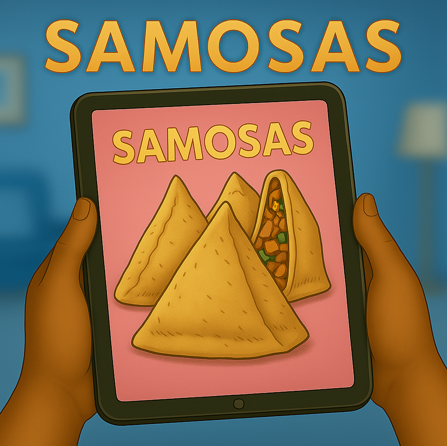 eBook vocabulary page – iPad showing samosas – Indian food – My Cousin Kate cultural education eBook