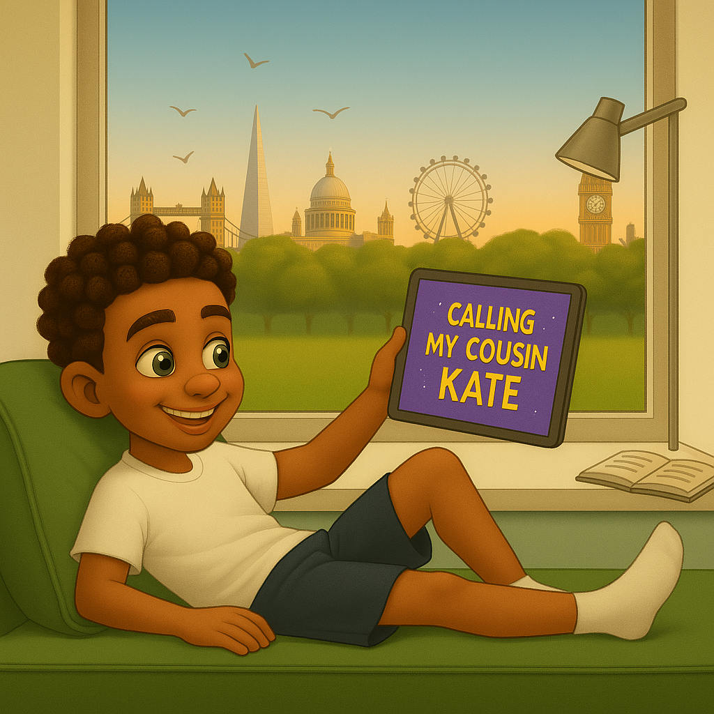eBook page – Alex relaxing at home calling Kate on iPad – My Cousin Kate Discovers India – kids digital book