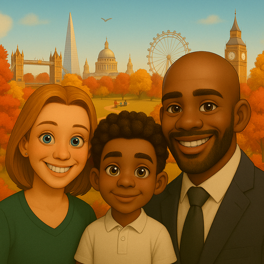 Alex with Mandi and Errol smiling in autumn park with London skyline – My Cousin Kate family scene – ages 4–8
