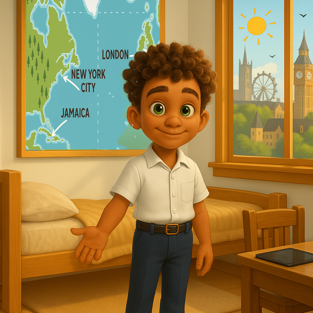 eBook scene – Alex in his London bedroom looking at snowy skyline – My Cousin Kate Discovers India digital book for kids 4–8