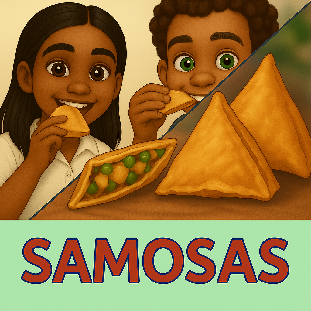 eBook illustration – Gita’s and Alex enjoying samosas– Indian culture – My Cousin Kate educational digital book
