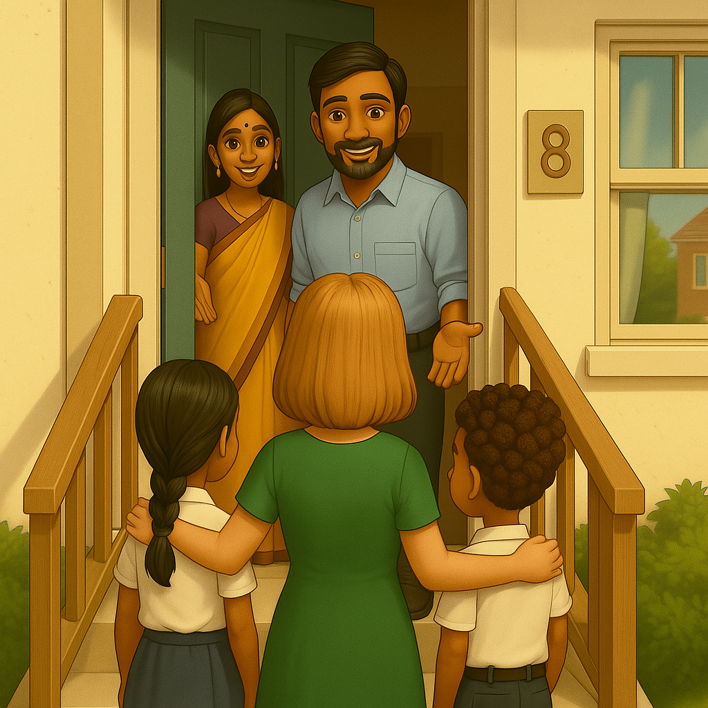 eBook page – Mandi walking Alex and Gita on snowy London street – My Cousin Kate Discovers India – digital cultural story