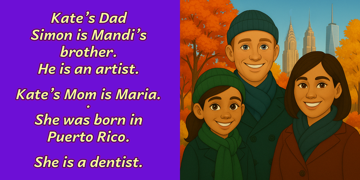 Kate in her her family in Central Park NYC smiling – My Cousin Kate book characters – multicultural bedtime story