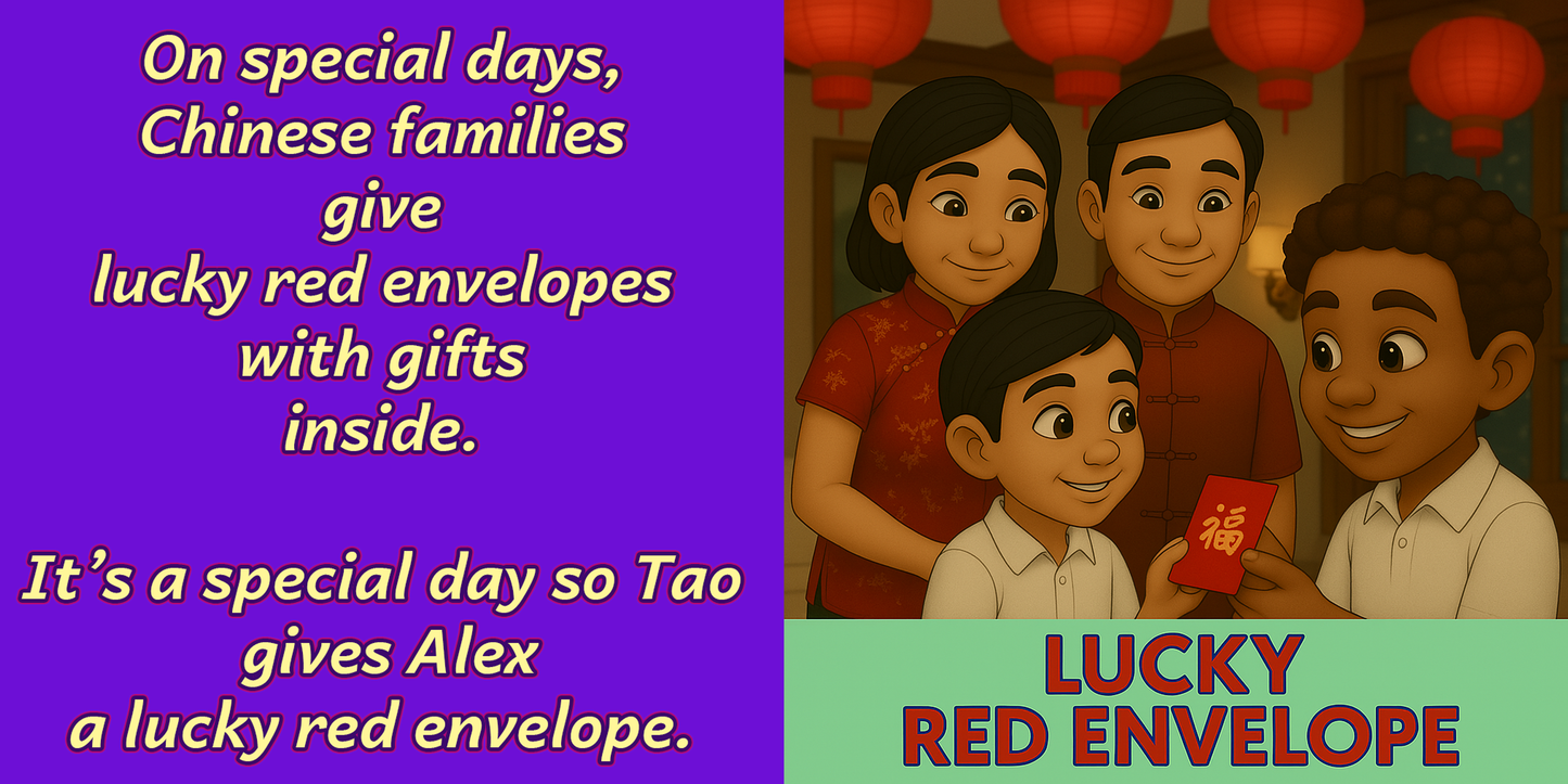 eBook scene – iPad photo of red envelopes – My Cousin Kate China vocabulary page for children 4–8