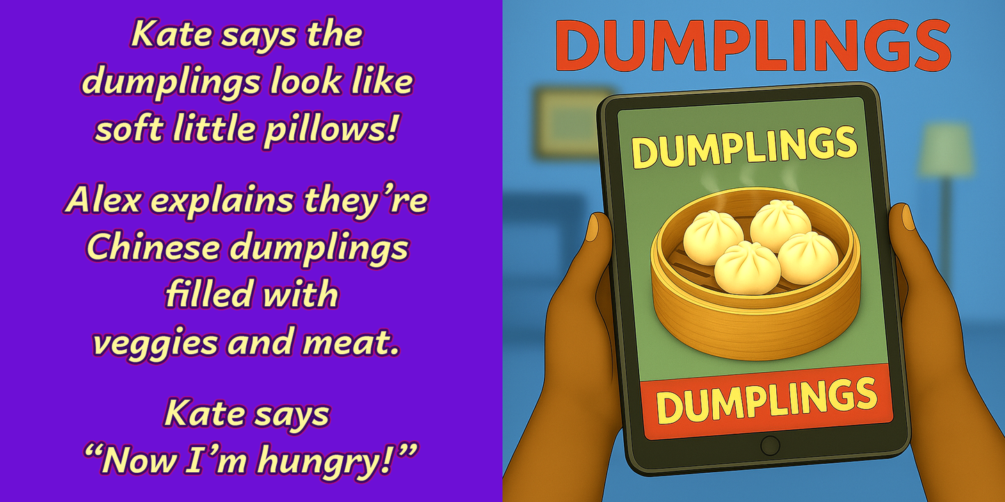eBook vocabulary page – Kate’s iPad showing Chinese dumplings – cultural food discovery – My Cousin Kate Discovers China eBook