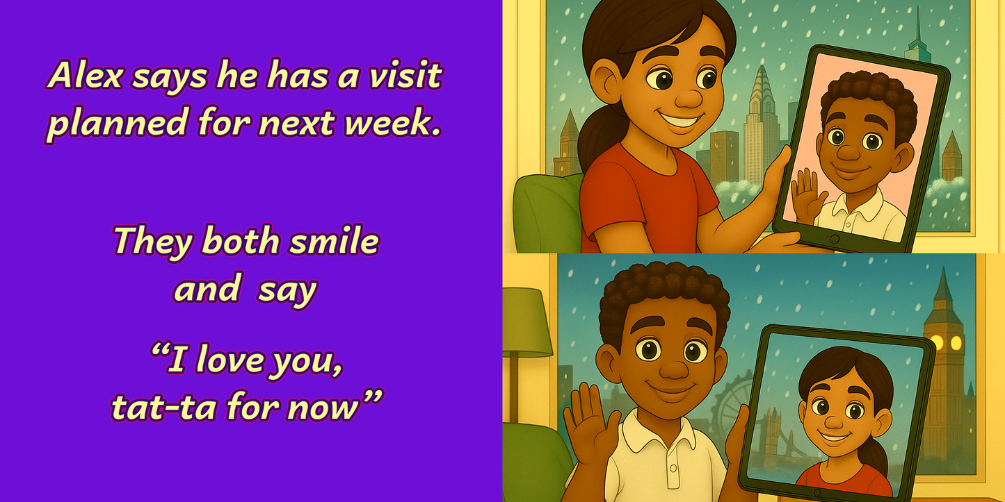 eBook final page – Alex and Kate smiling with iPads – My Cousin Kate eBook about China – global learning for kids