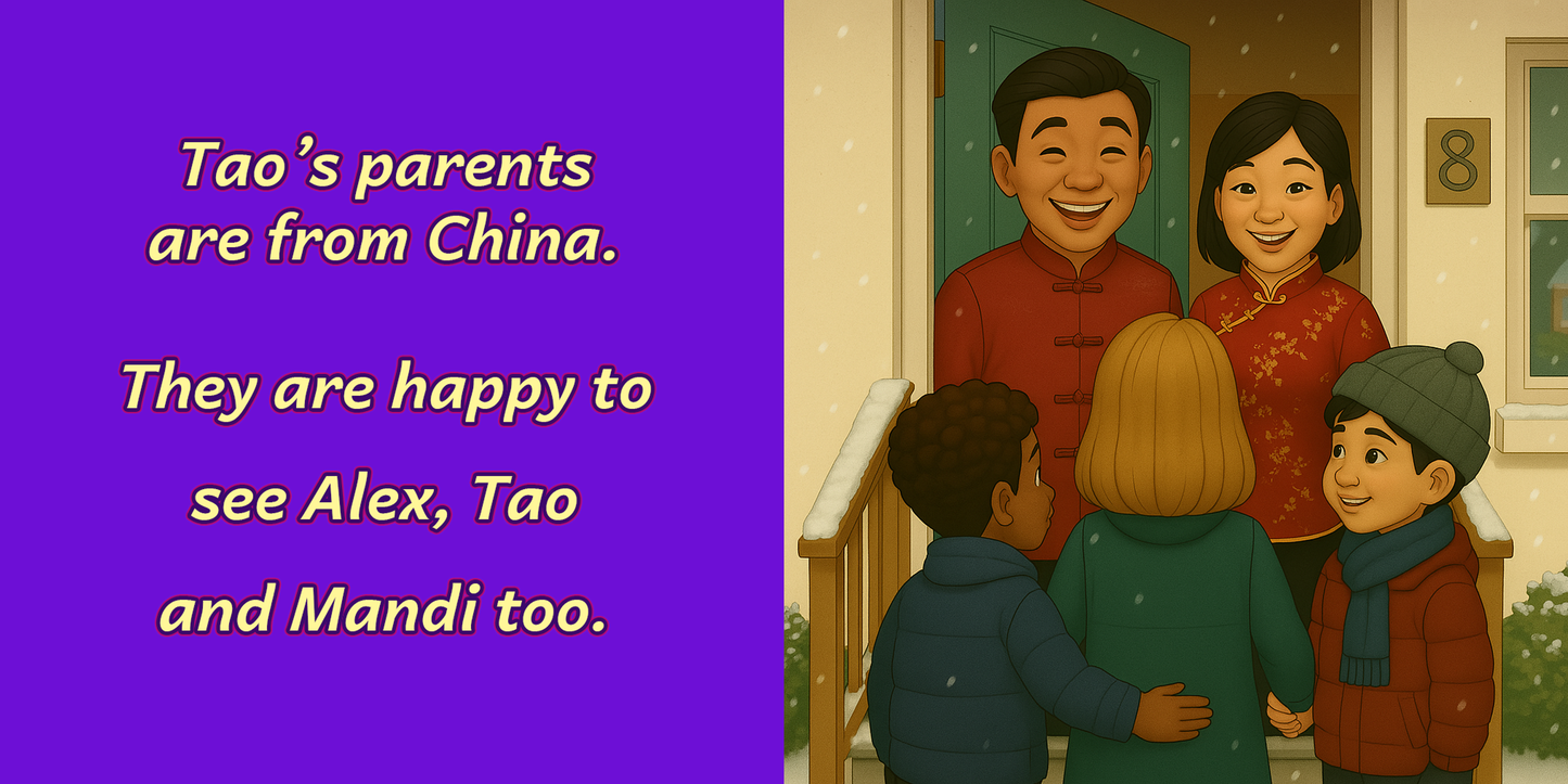 eBook image – Tao’s mum welcoming Alex at door – exploring Chinese home – My Cousin Kate cultural eBook