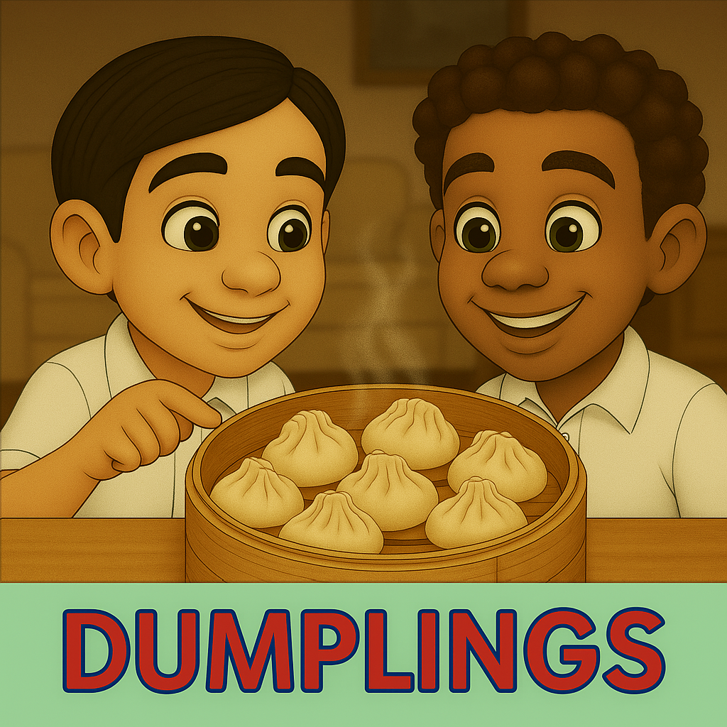 Alex and Tao smiling over bamboo steamer of dumplings – Chinese food – My Cousin Kate book ages 4–8