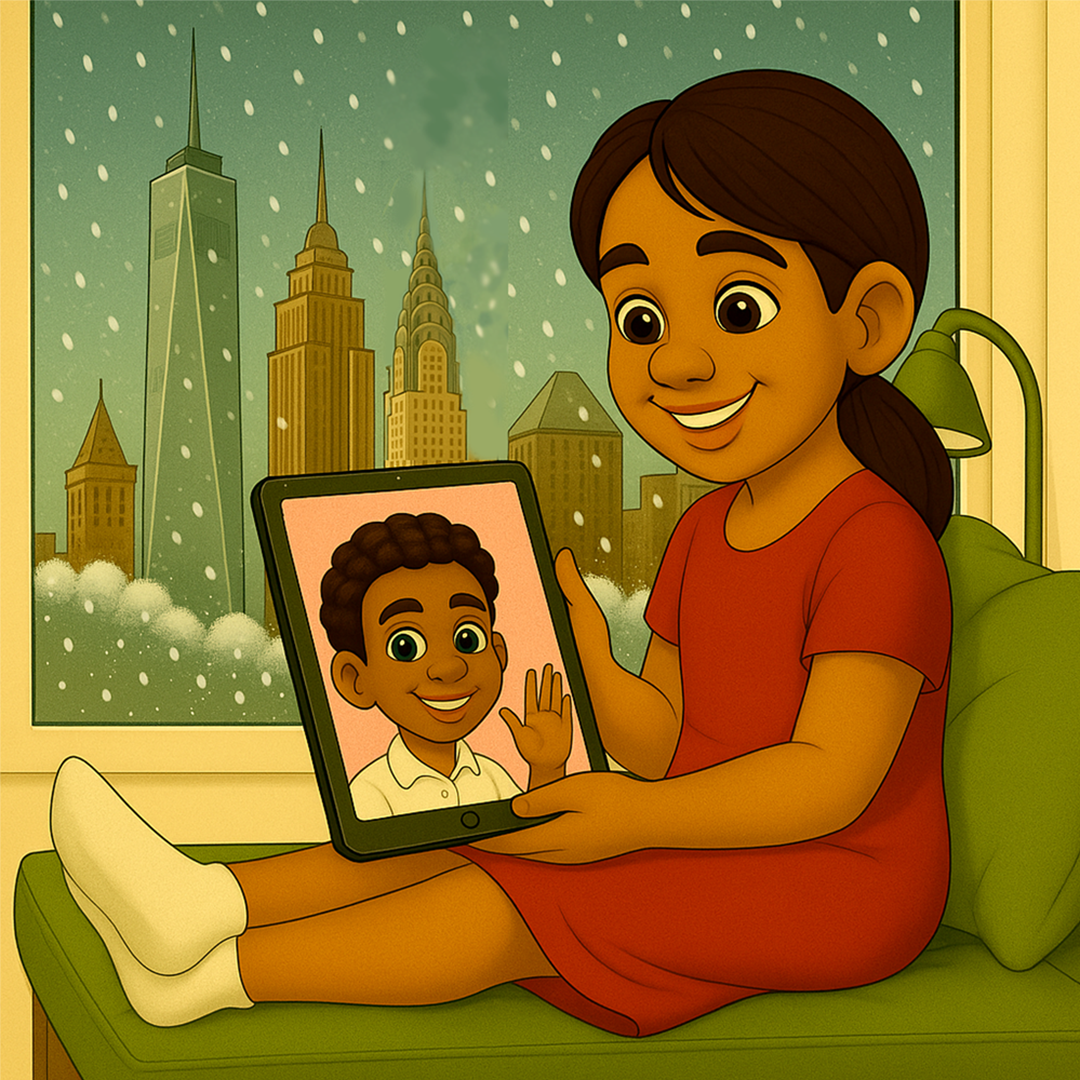 Kate video calling Alex on her iPad – snowy New York skyline – My Cousin Kate multicultural family connection