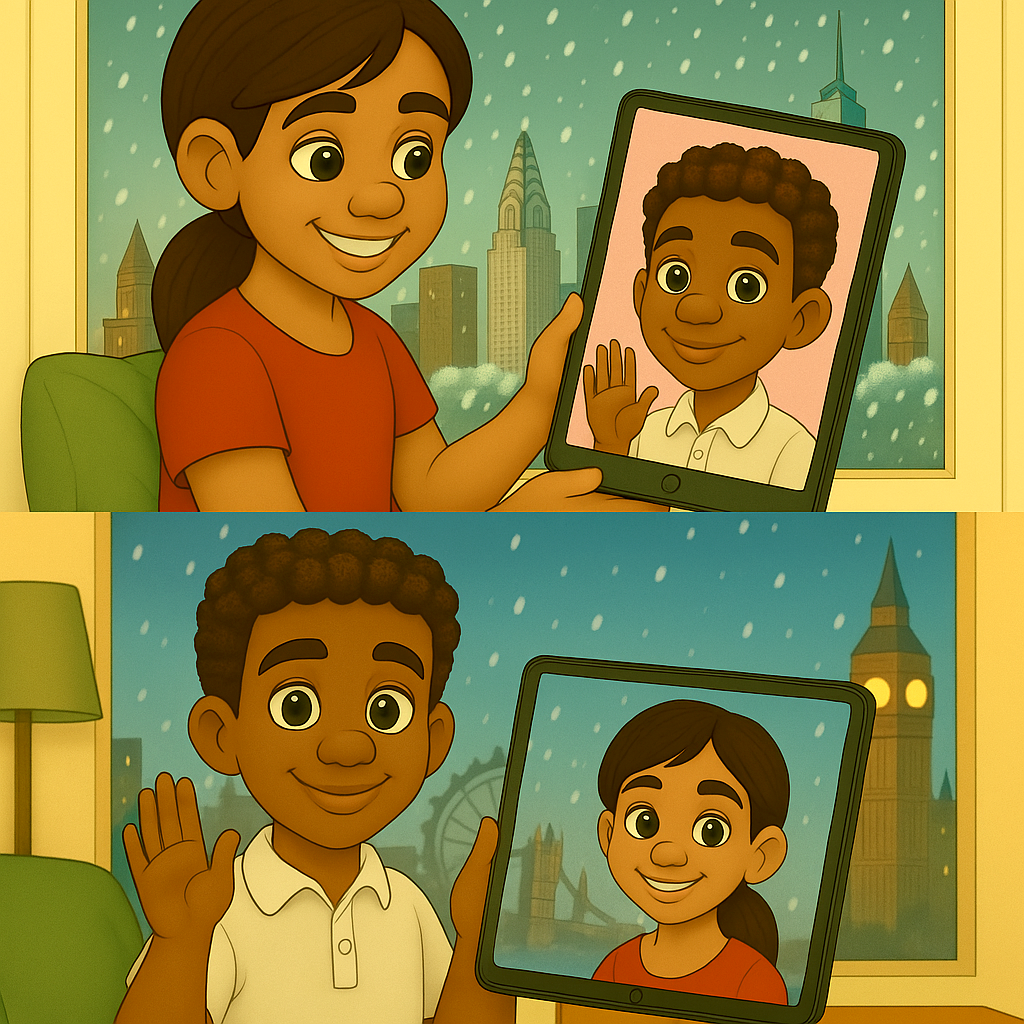 Kate and Alex waving during a snowy video call – multicultural friendship – My Cousin Kate global learning series