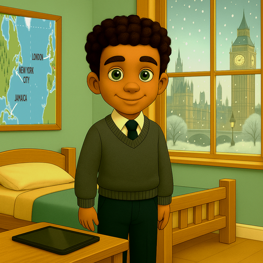 Alex standing in his bedroom with world map and snowy London view – My Cousin Kate cultural storybook scene ages 4–8