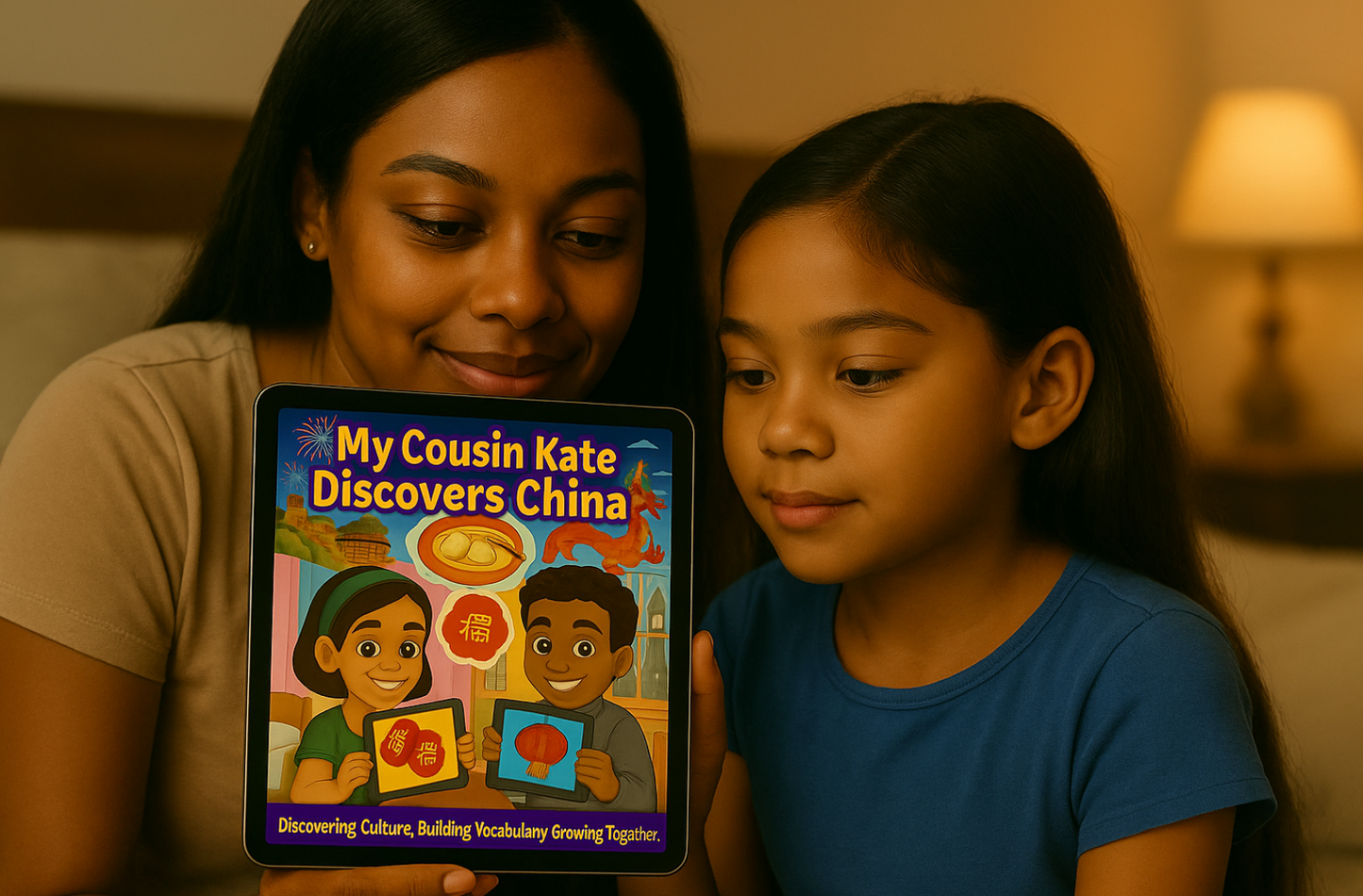 Mother and daughter reading My Cousin Kate Discovers China on a tablet – cultural kids eBook – learning Chinese traditions – for ages 4–8