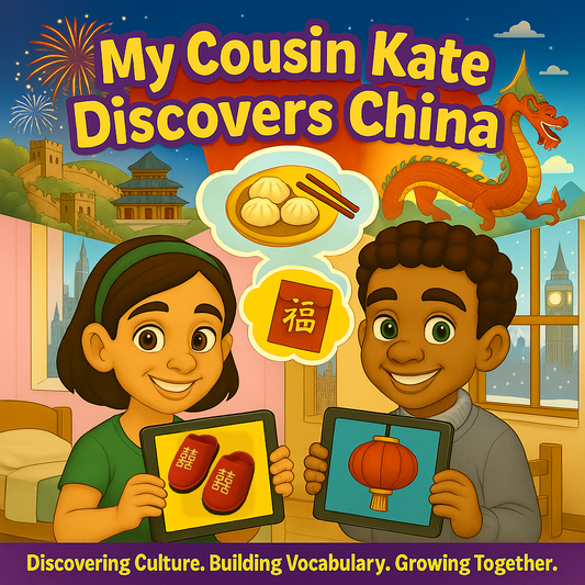 Kate and Alex holding iPads with Chinese objects – My Cousin Kate Discovers China – cultural kids book ages 4–8

