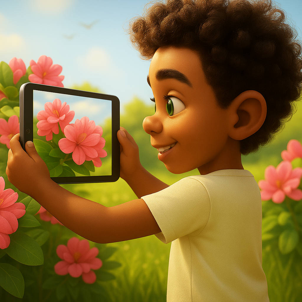Alex photographing pink flowers with his iPad – My Cousin Kate book – cultural curiosity and creativity for ages 4–8

