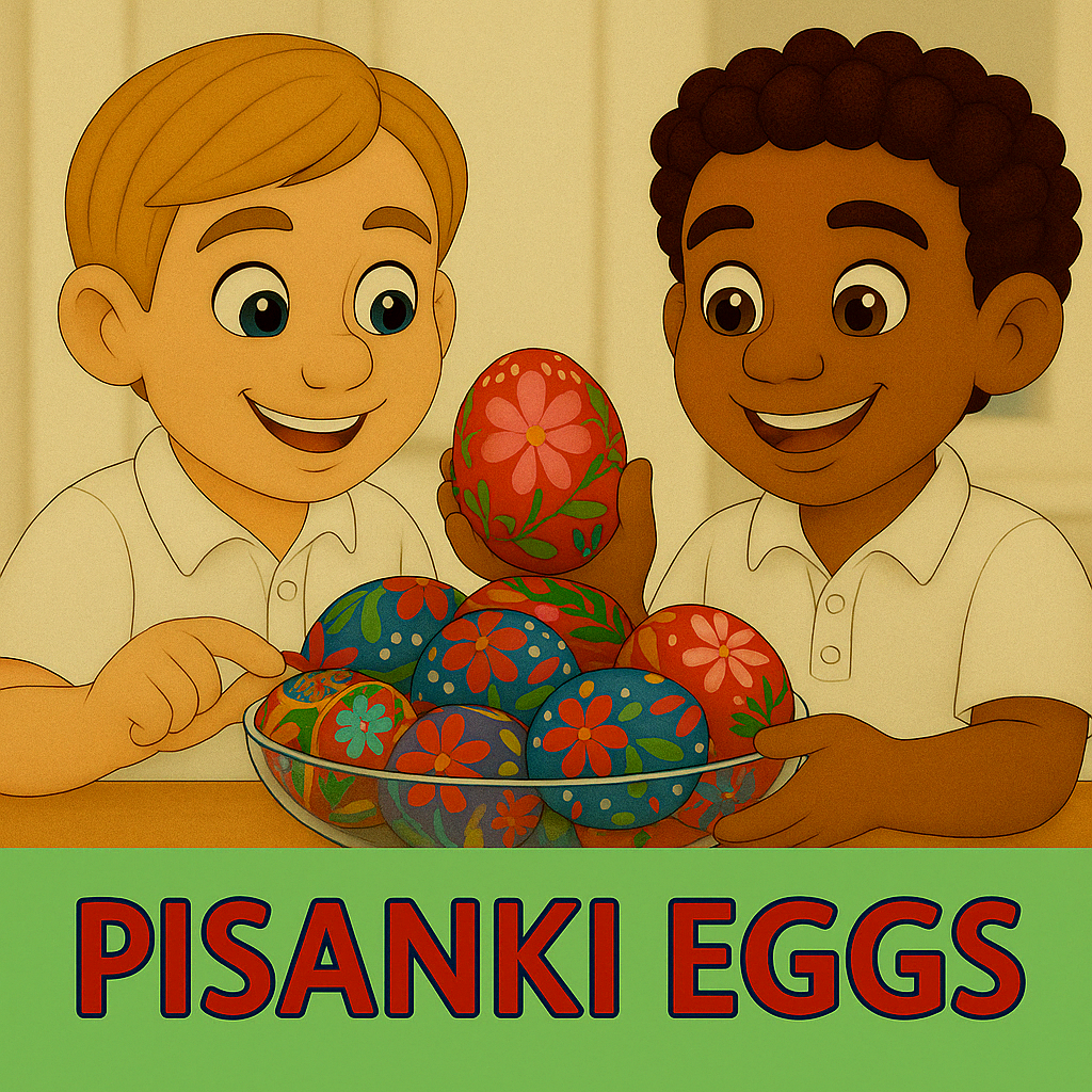 Alex and Piotr holding colorful Pisanki Easter eggs – Polish traditions – My Cousin Kate vocabulary page

