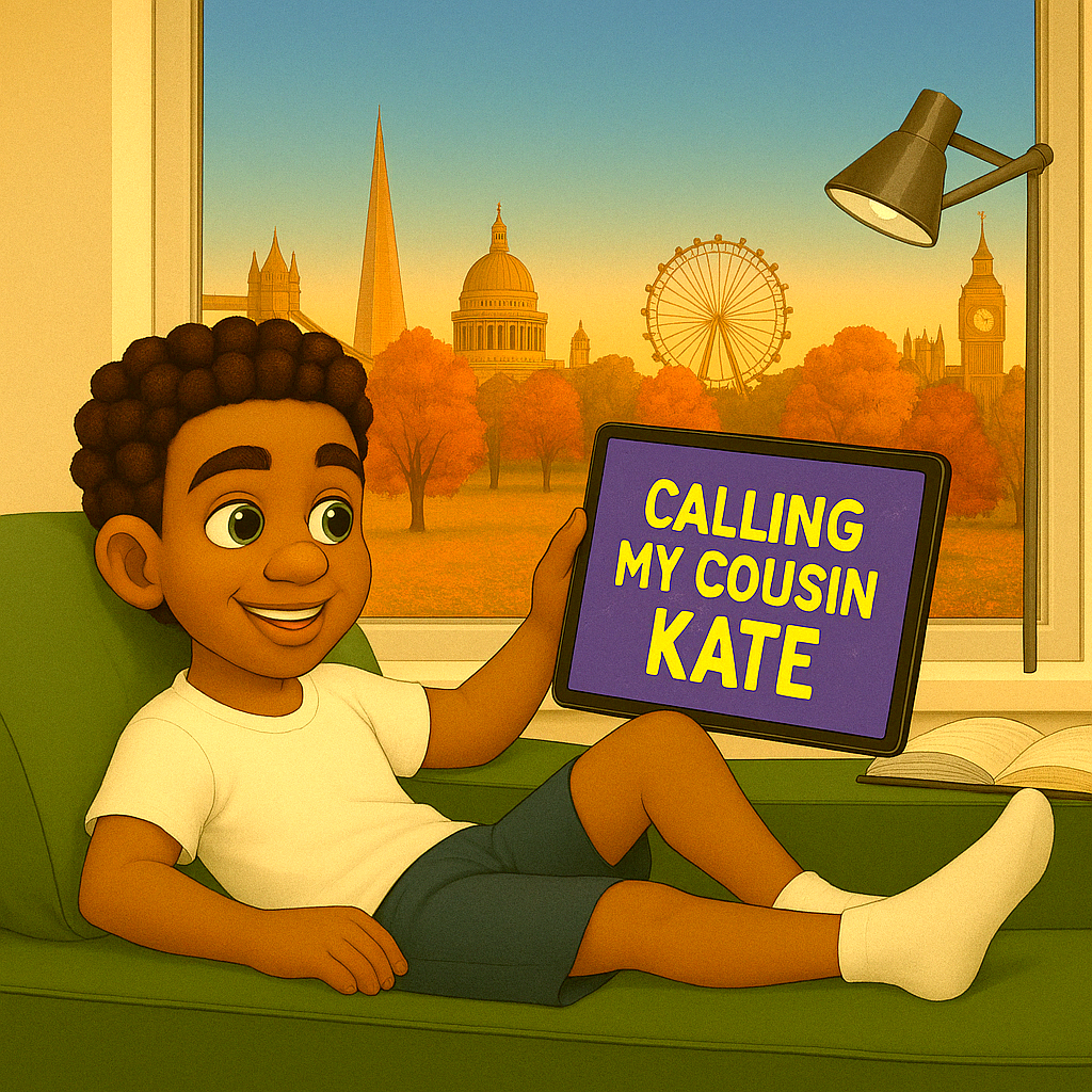 Alex on green couch holding iPad saying “Calling My Cousin Kate” – London fall skyline in background – My Cousin Kate scene

