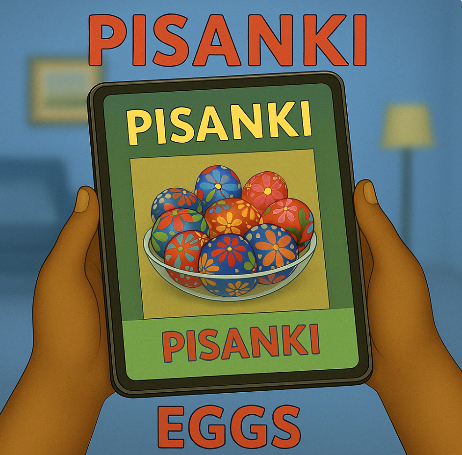Hands holding iPad showing Pisanki eggs – Polish cultural object – My Cousin Kate learning page for kids ages 4–8

