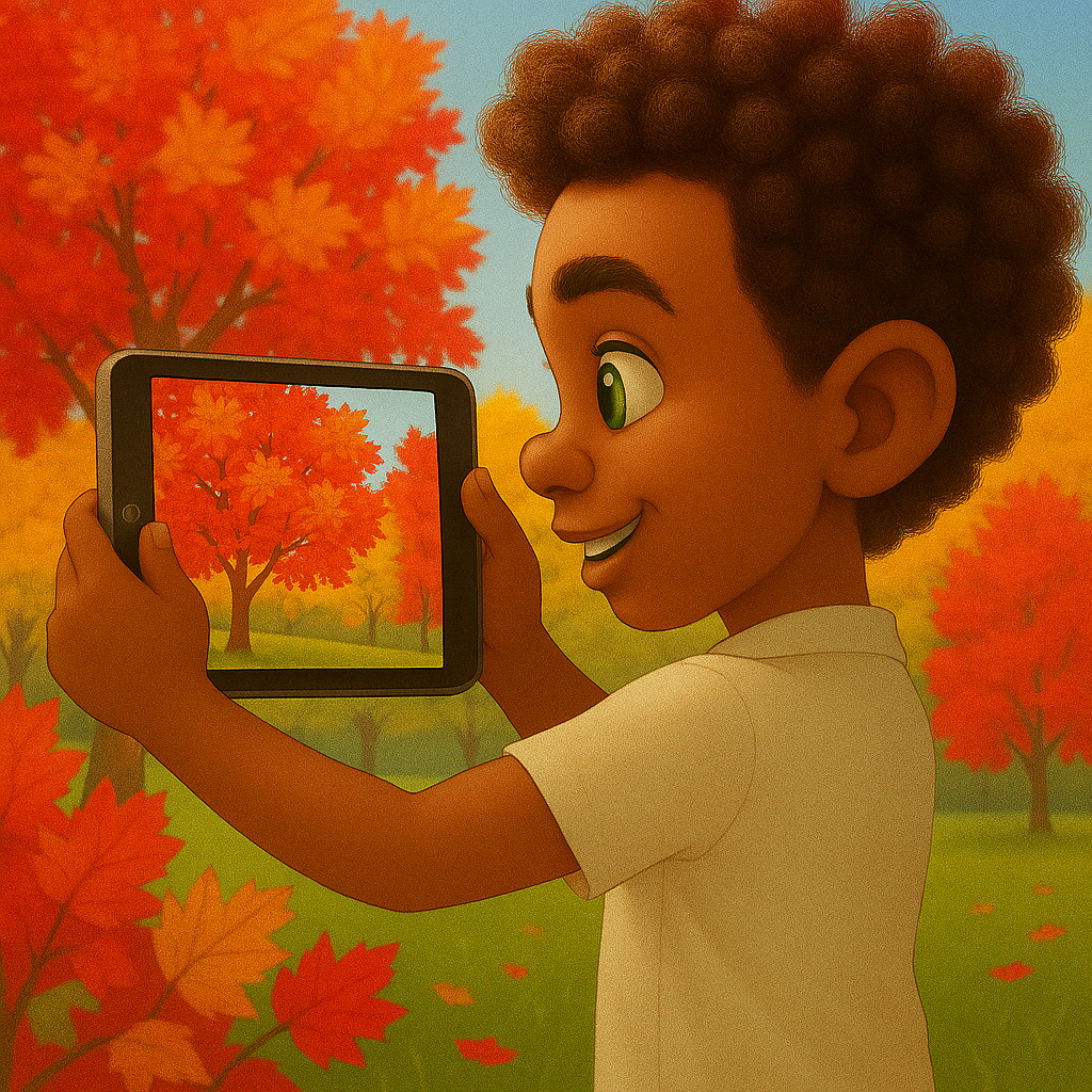 Alex taking photo of red-orange autumn trees with iPad – creativity and observation – My Cousin Kate educational page

