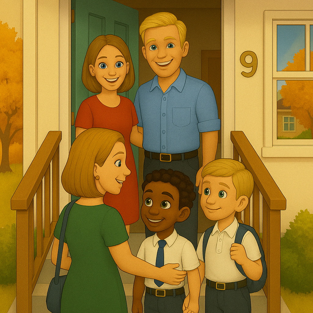 Alex arriving at Piotr’s house with family at the door – multicultural friendship – My Cousin Kate visit scene

