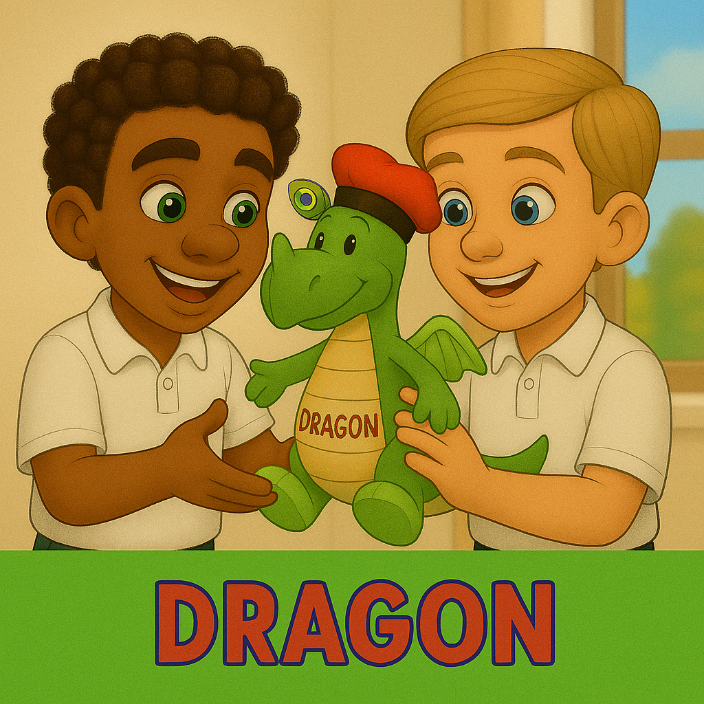 Alex and Piotr smiling while holding a plush dragon toy – Polish dragon legend – My Cousin Kate cultural book

