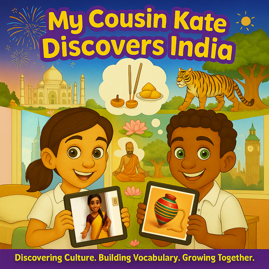 Kate and Alex holding iPads with Indian cultural objects – My Cousin Kate Discovers India – kids book ages 4–8

