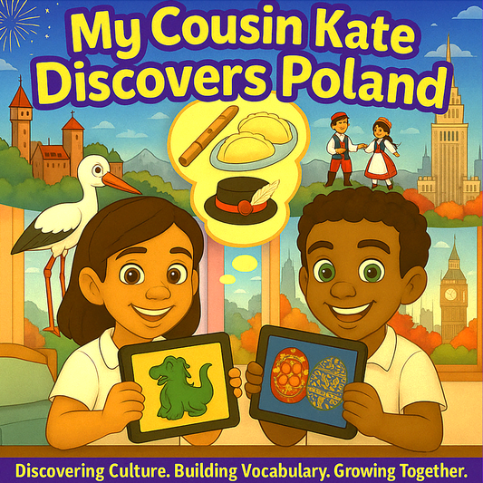 Kate and Alex holding iPads with Polish cultural objects – My Cousin Kate Discovers Poland – kids book for ages 4–8

