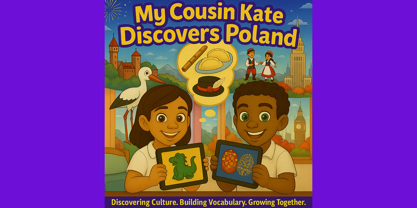 Alex and Kate with Polish cultural icons – My Cousin Kate Discovers Poland – children’s book cover for ages 4–8

