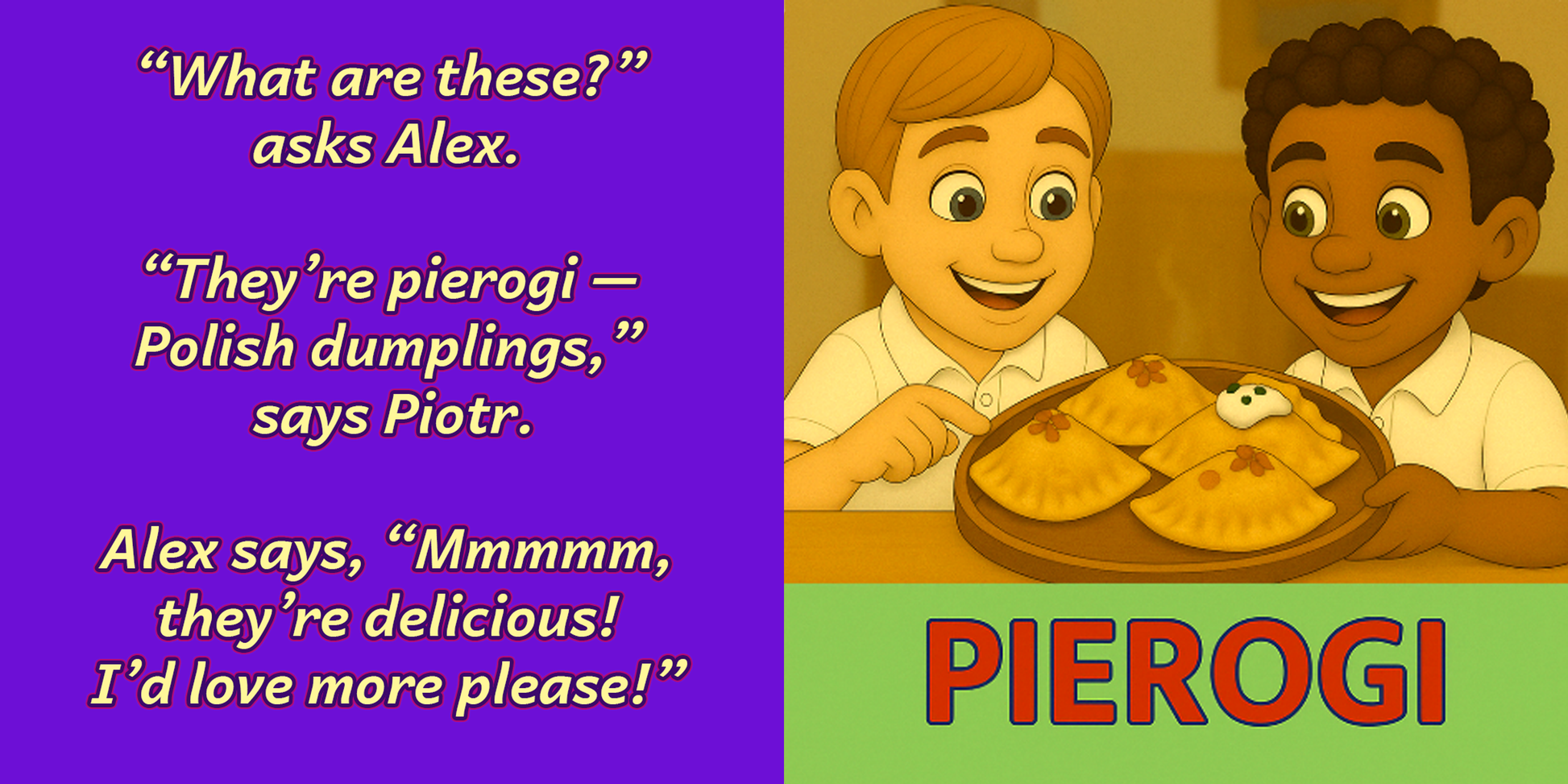 Alex and Piotr eating pierogi – Polish cultural food – My Cousin Kate book for children

