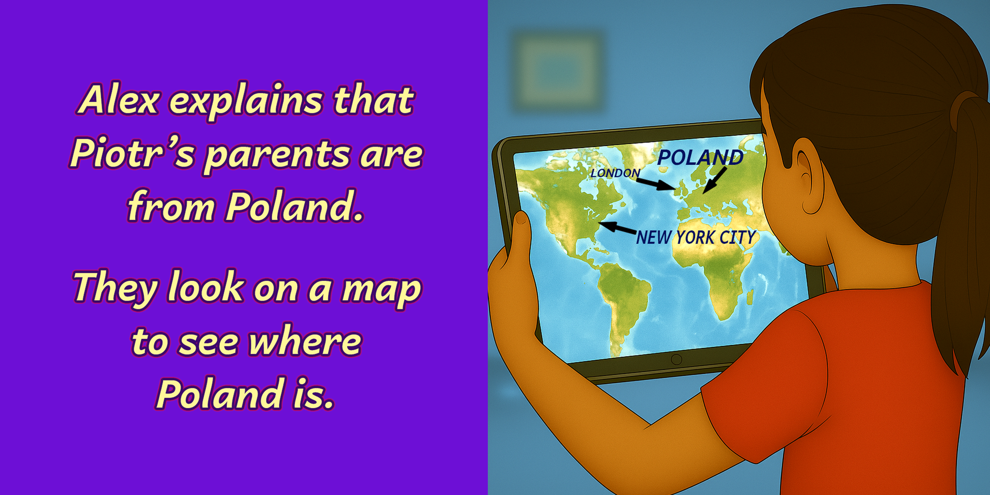 Map showing London, NYC, and Poland – My Cousin Kate geography page – learning countries for kids

