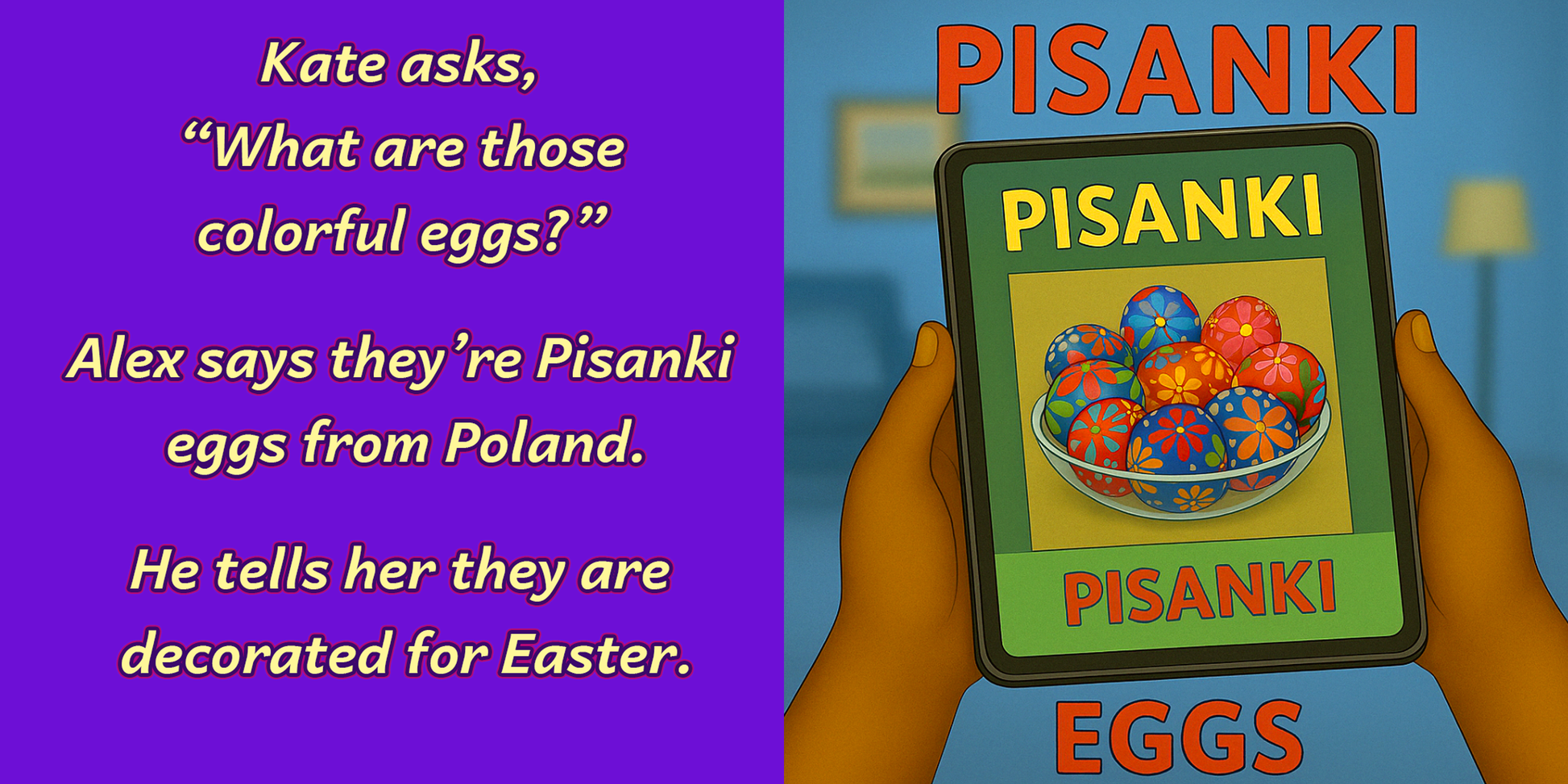 Kate holding iPad showing Polish painted eggs – vocabulary learning from My Cousin Kate series

