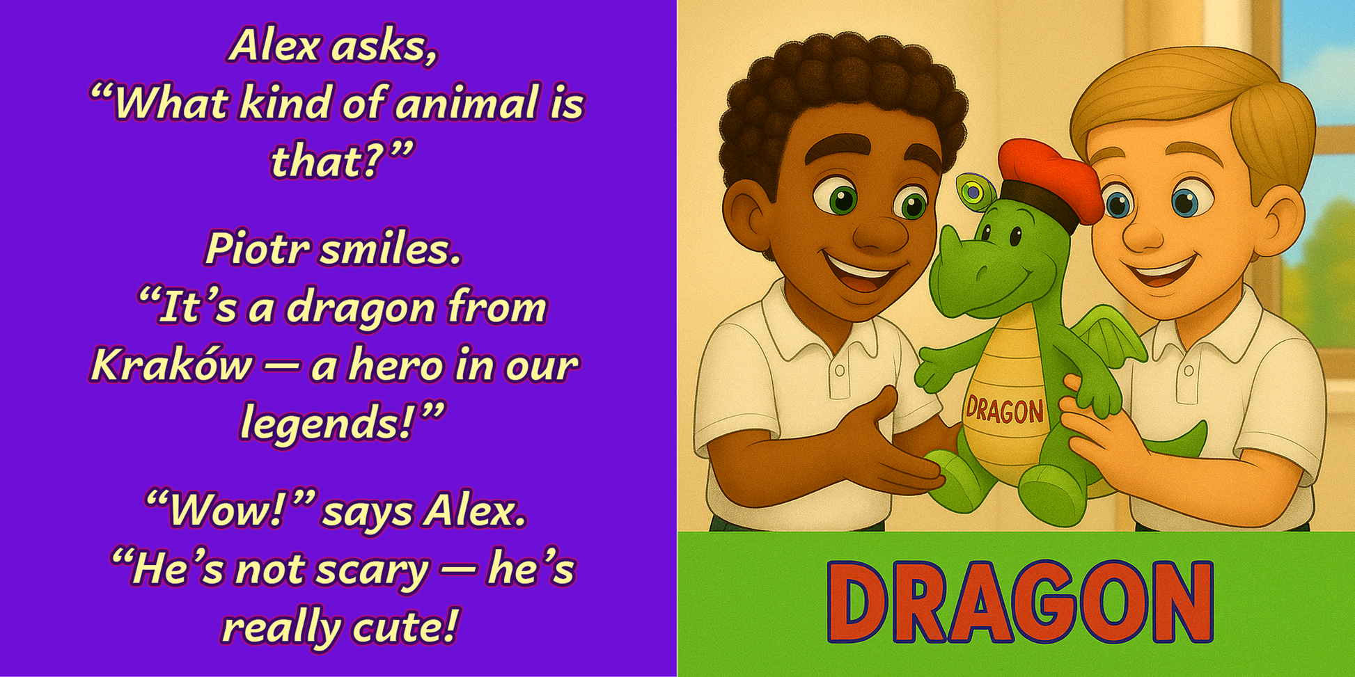Alex and Piotr holding dragon toy – Discover page from My Cousin Kate Poland – cultural toy for ages 4–8

