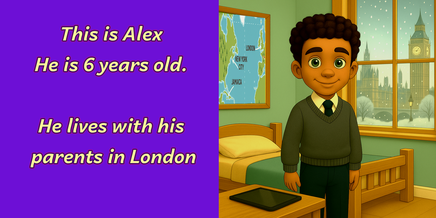 eBook version – Alex in snowy London bedroom with cultural map – My Cousin Kate Discovers China – kids book ages 4–8

