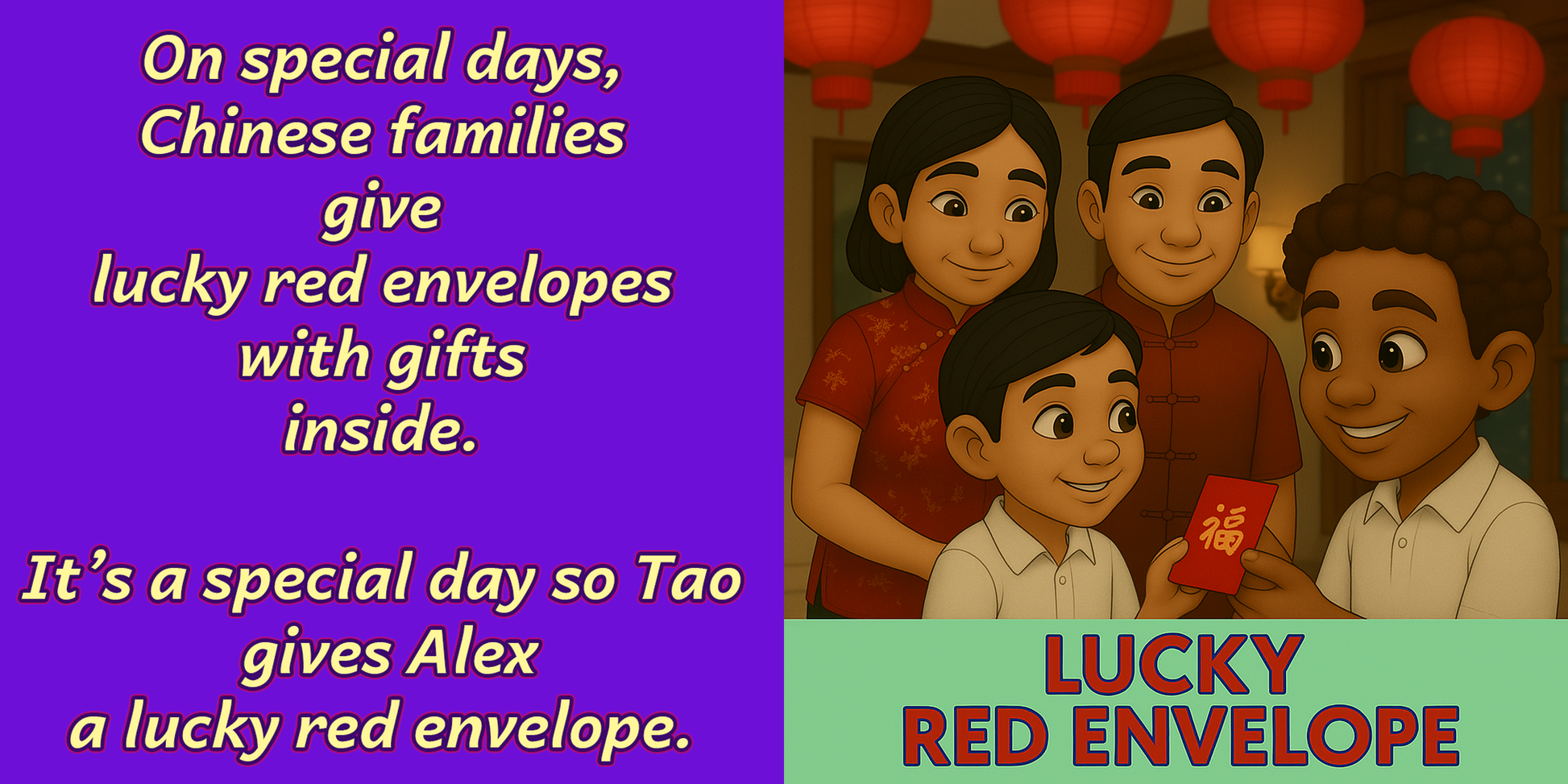 eBook scene – iPad photo of red envelopes – My Cousin Kate China vocabulary page for children 4–8


