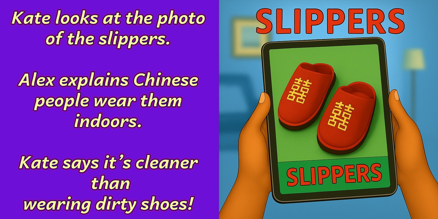 eBook vocabulary page – Kate’s iPad showing red indoor slippers – cultural object from China – My Cousin Kate series for kids ages 4–8

