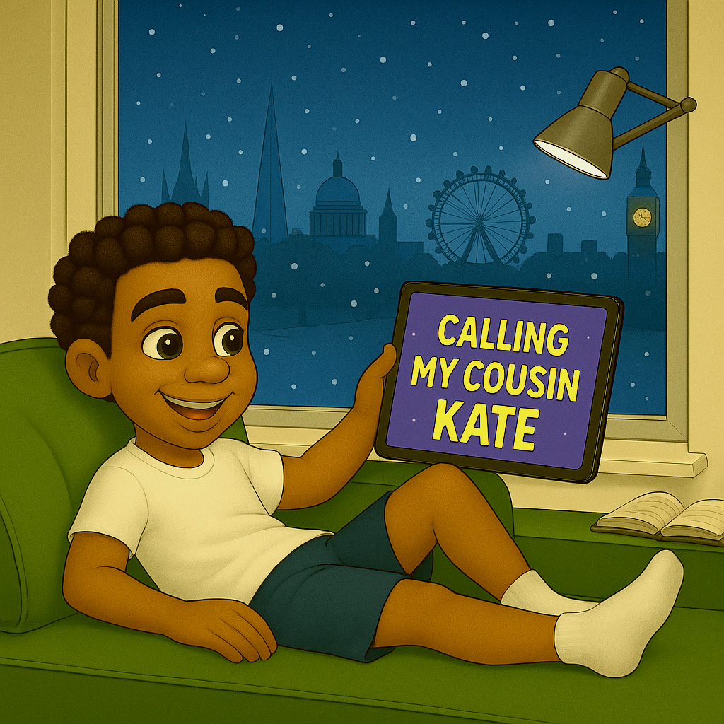 Alex on couch holding iPad reading “Calling My Cousin Kate” – snowy night in London – My Cousin Kate series

