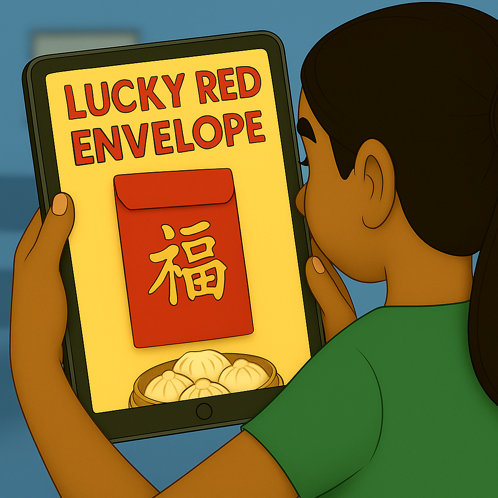 Kate holding iPad showing lucky red envelope with Chinese dumplings – cultural object – My Cousin Kate educational book

