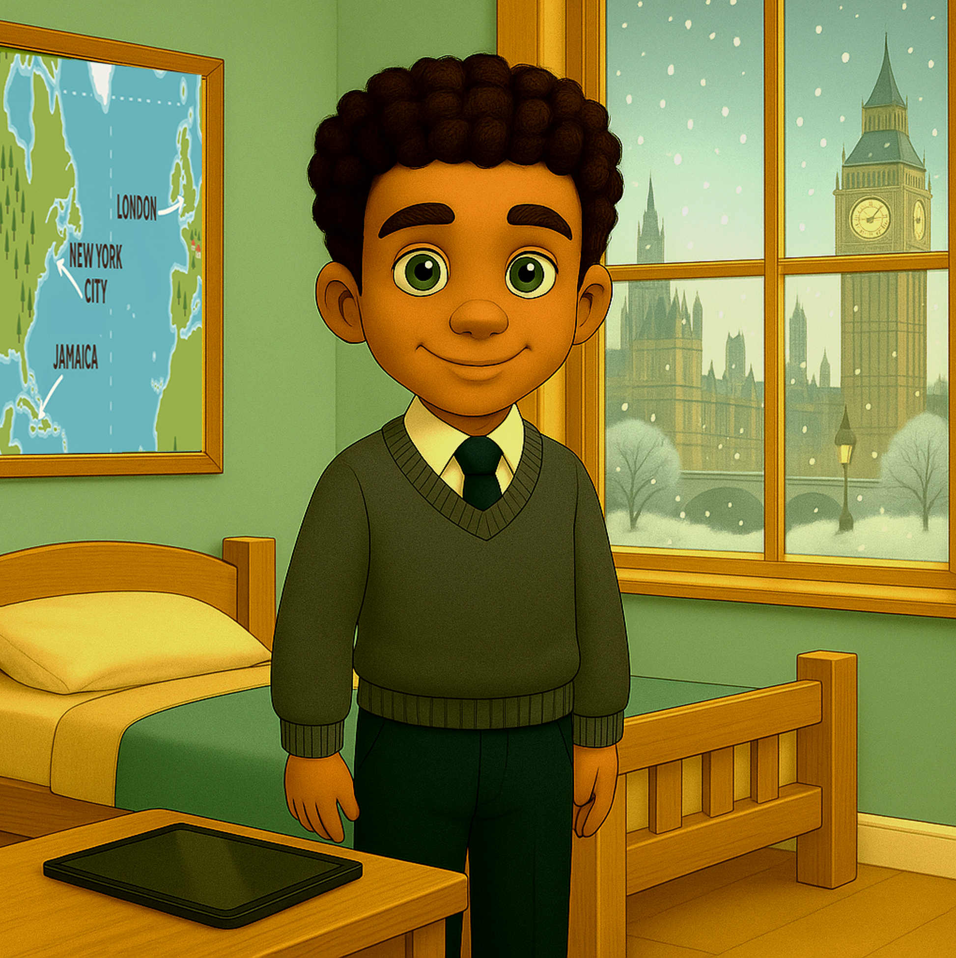Alex standing in his bedroom with world map and snowy London view – My Cousin Kate cultural storybook scene ages 4–8

