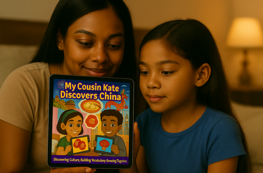 Mother and daughter reading My Cousin Kate Discovers China on a tablet – cultural kids eBook – learning Chinese traditions – for ages 4–8

