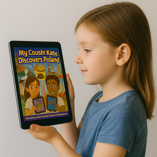 Smiling white girl holding iPad with cover of “My Cousin Kate Discovers Poland” – multicultural children’s book about Polish culture for ages 4–8

